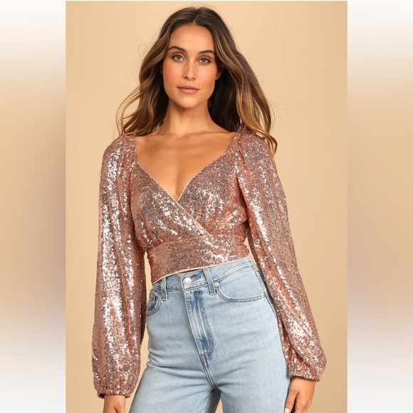Lulus Tops - Lulus Sequin of Events Blush Sequin Surplice Long Sleeve Crop Top